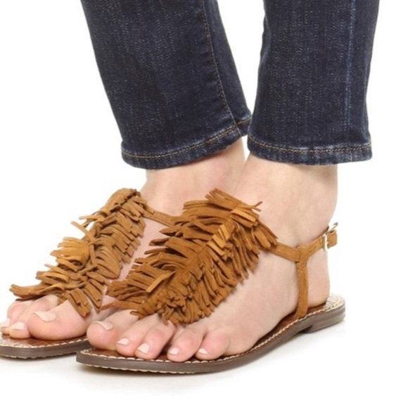 Sam Edelman Gela Suede Fringe Ankle Strap Thong Sandals brown 8 - Picture 1 of 6